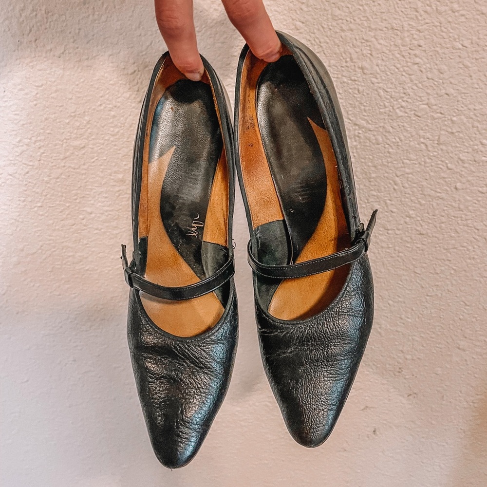 Vintage genuine black leather heels with buckle strap